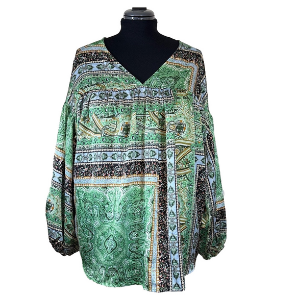 Chic Soul Tops - Chic Soul Green Paisley Balloon Sleeves Flowy Blouse SKU1473